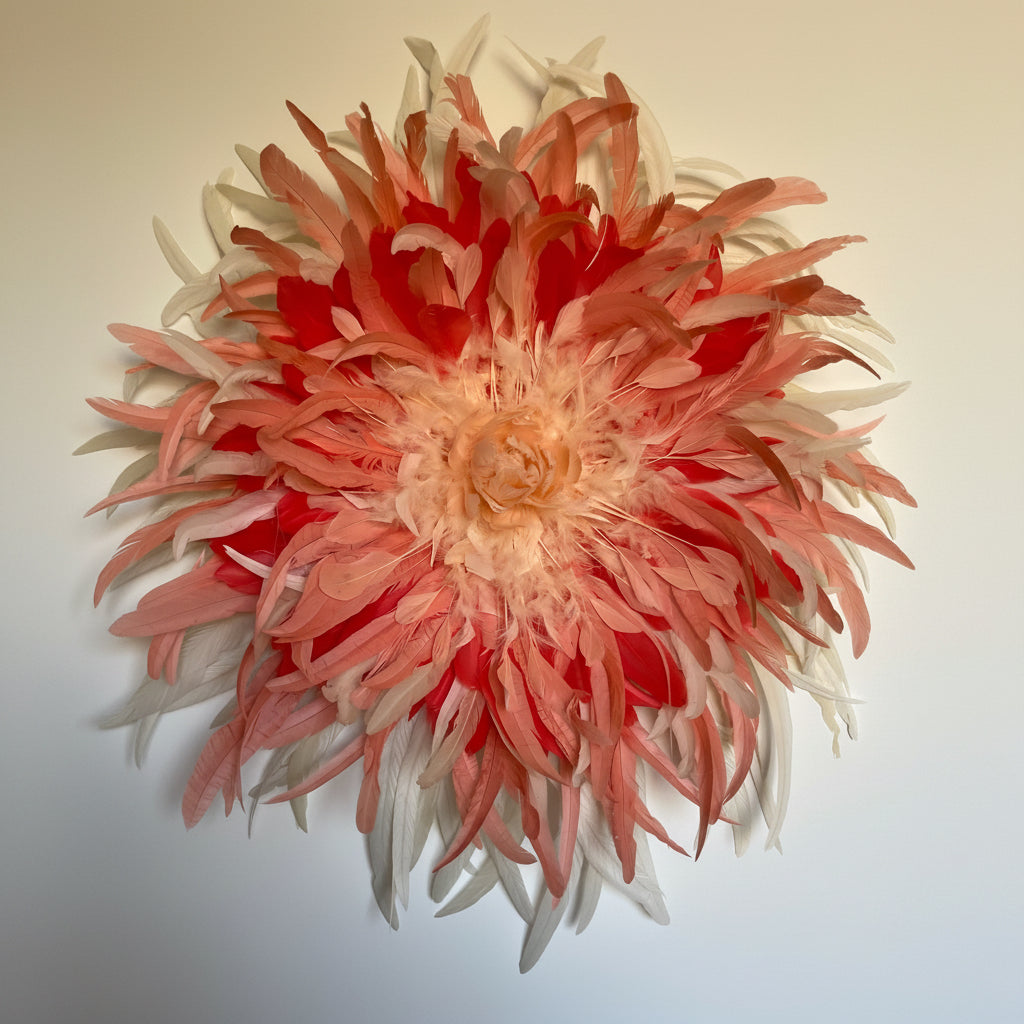 Soleil Corail — art mural en plumes fait main, Rêves de Vi